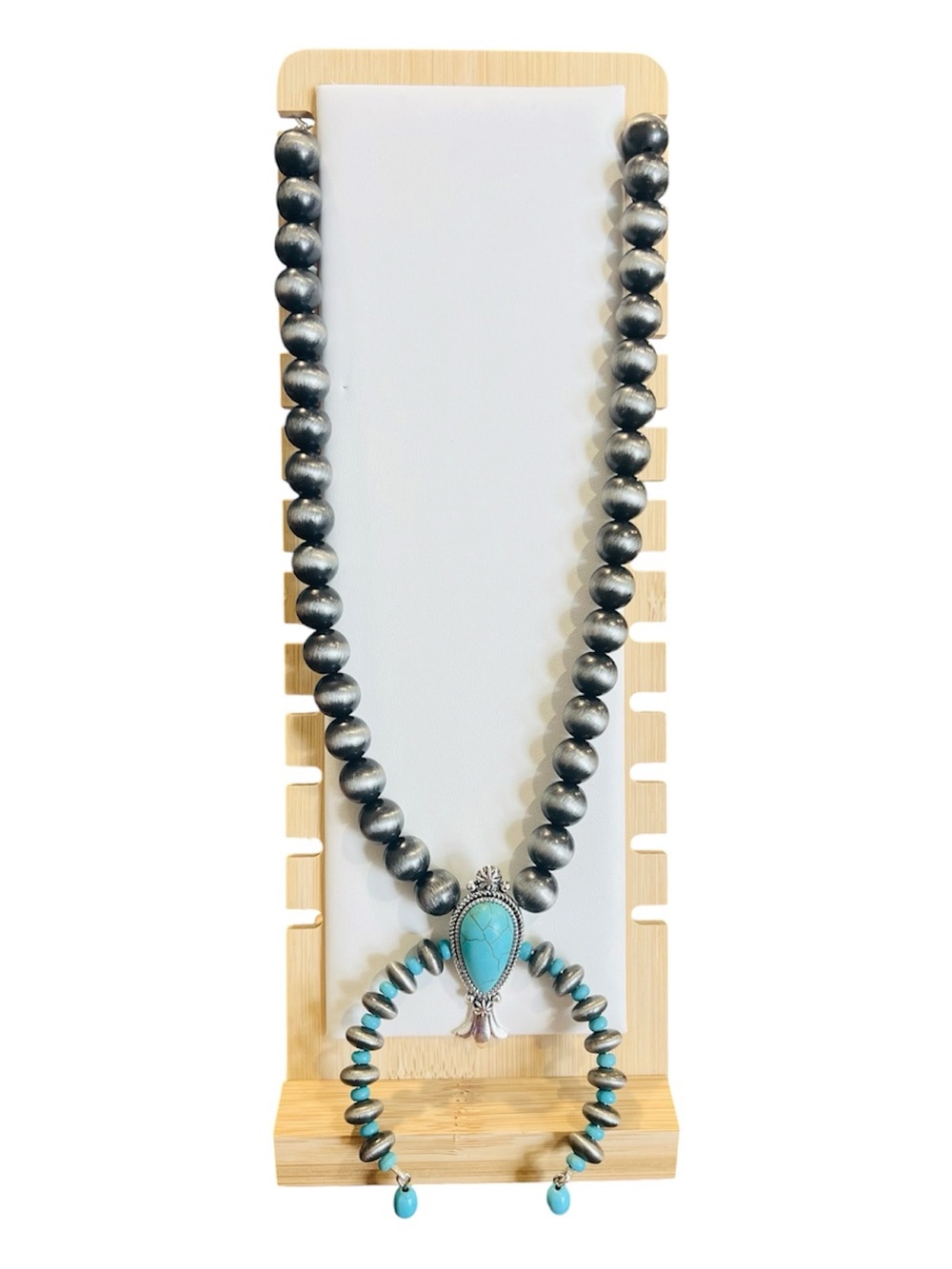 Turquoise & Pearl Silver Tone Necklace | Western Boho Statement | Mesa Style